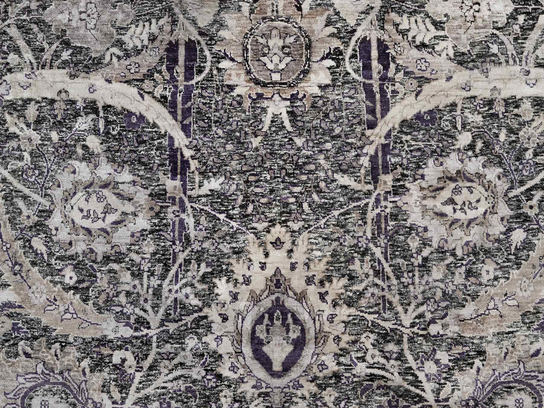 7'10" x 7'10" New Hand Knotted Black Wool & Silk Round Oriental Rug - MOA10290973