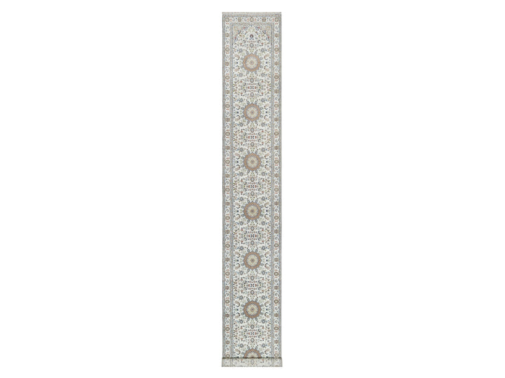 2'8" x 17'8" New Hand Knotted Ivory Wool & Silk Runner Oriental Rug - MOA10290974