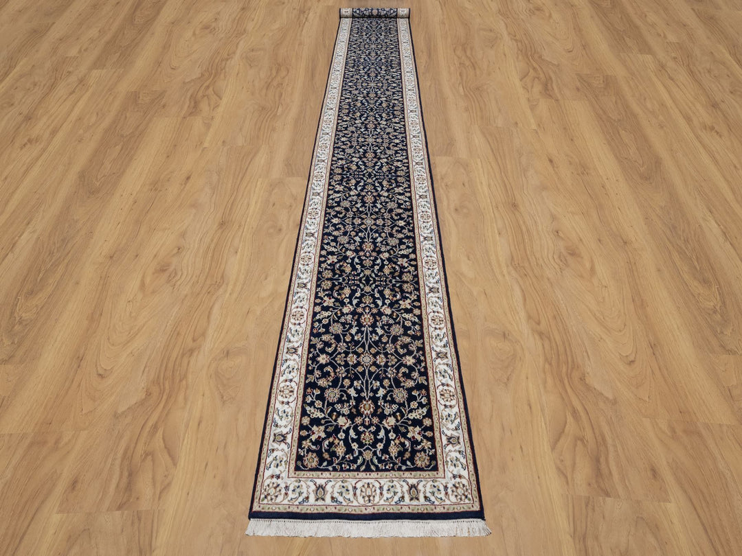 2'8" x 18'0" New Hand Knotted Blue Wool & Silk Runner Oriental Rug - MOA10290976