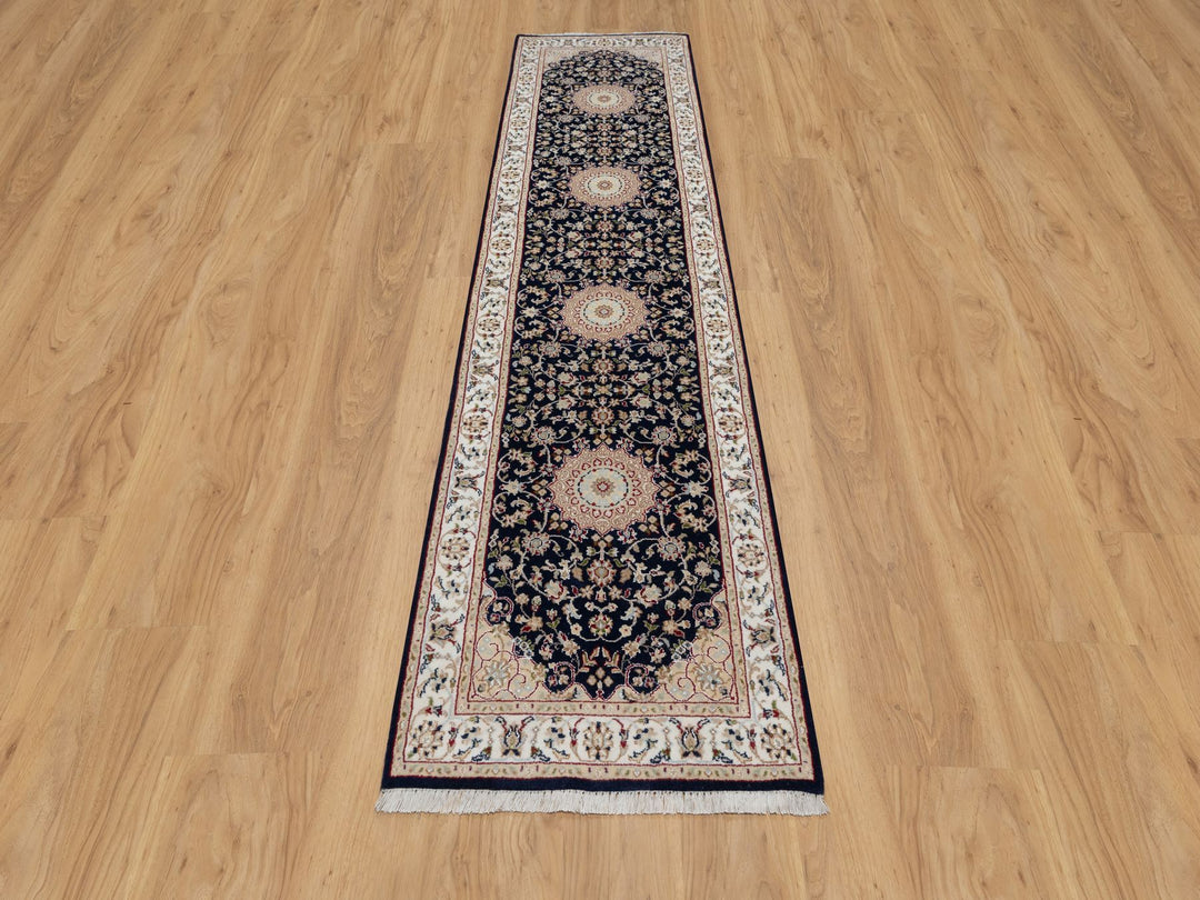 2'6" x 10'0" New Hand Knotted Blue Wool & Silk Runner Oriental Rug - MOA10290989