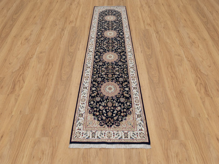2'6" x 10'0" New Hand Knotted Blue Wool & Silk Runner Oriental Rug - MOA10290989