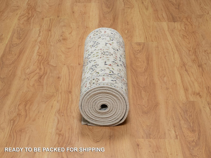 2'8" x 12'7" New Hand Knotted Ivory Wool & Silk Runner Oriental Rug - MOA10291009