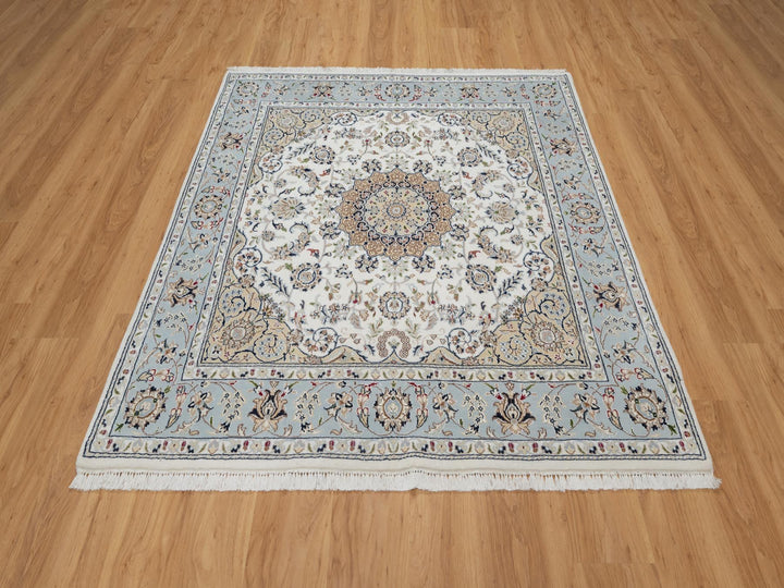 5'6" x 5'9" New Hand Knotted Ivory Wool & Silk Square Oriental Rug - MOA10291021