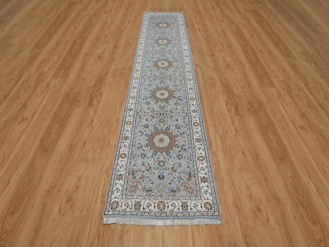 2'8" x 12'9" New Hand Knotted Blue Wool & Silk Runner Oriental Rug - MOA10291026