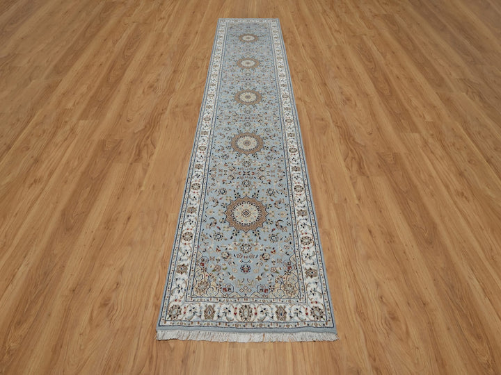 2'8" x 12'9" New Hand Knotted Blue Wool & Silk Runner Oriental Rug - MOA10291026