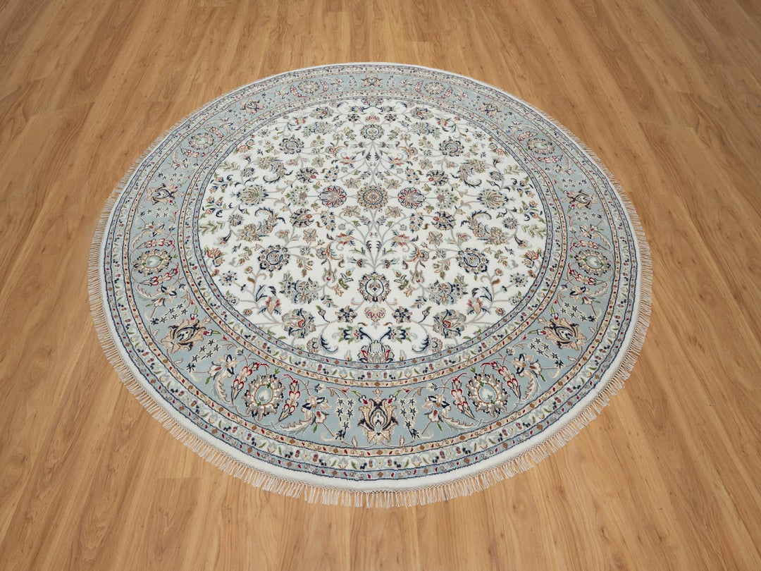 8'0" x 8'0" New Hand Knotted Ivory Wool & Silk Round Oriental Rug - MOA10291032
