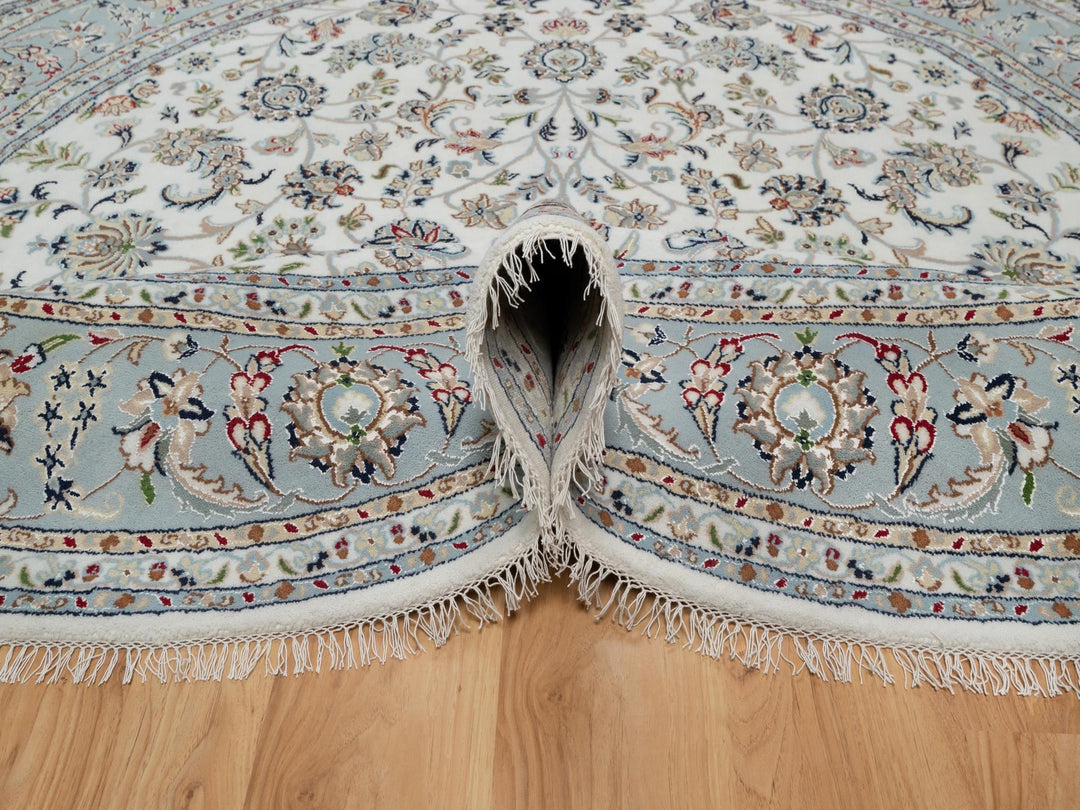 8'0" x 8'0" New Hand Knotted Ivory Wool & Silk Round Oriental Rug - MOA10291032