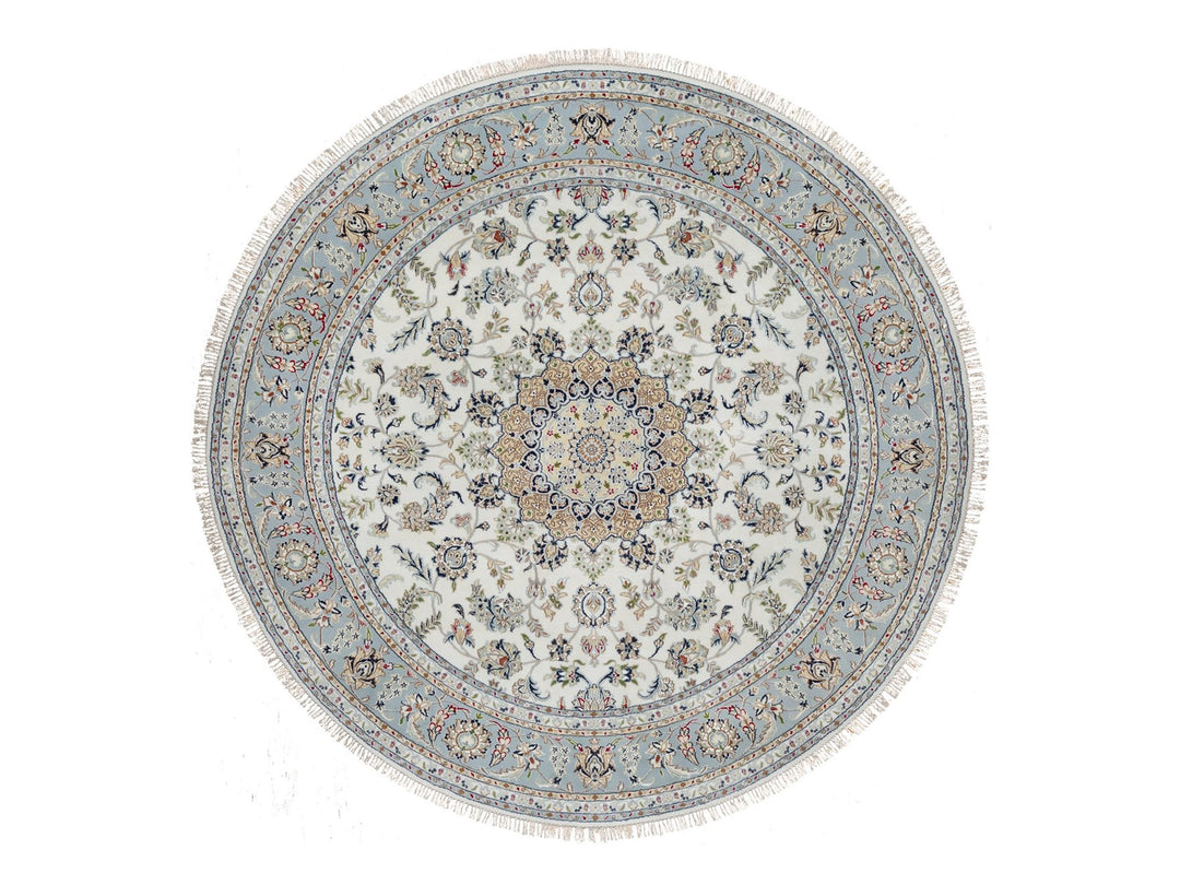 8'1" x 8'1" New Hand Knotted Ivory Wool & Silk Round Oriental Rug - MOA10291036