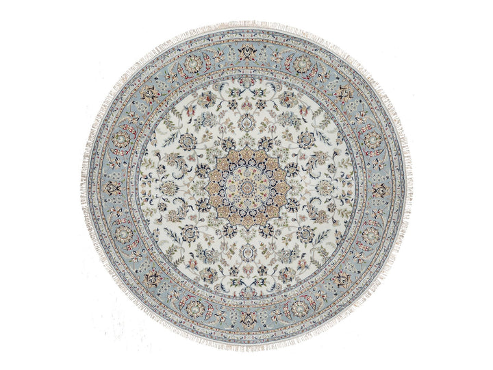 8'1" x 8'1" New Hand Knotted Ivory Wool & Silk Round Oriental Rug - MOA10291036