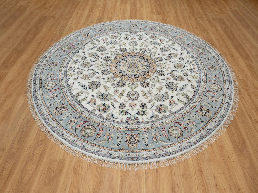8'1" x 8'1" New Hand Knotted Ivory Wool & Silk Round Oriental Rug - MOA10291036