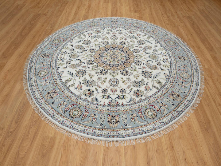 8'1" x 8'1" New Hand Knotted Ivory Wool & Silk Round Oriental Rug - MOA10291036
