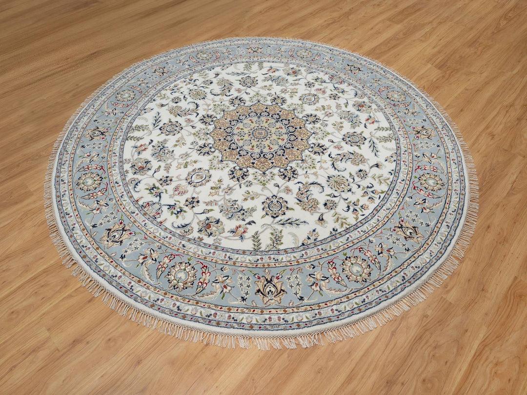 8'1" x 8'1" New Hand Knotted Ivory Wool & Silk Round Oriental Rug - MOA10291036