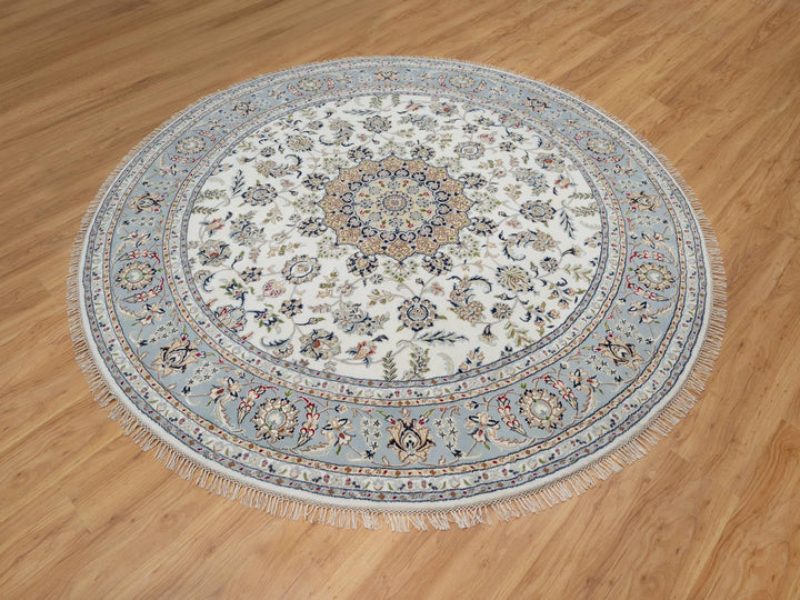 8'1" x 8'1" New Hand Knotted Ivory Wool & Silk Round Oriental Rug - MOA10291036