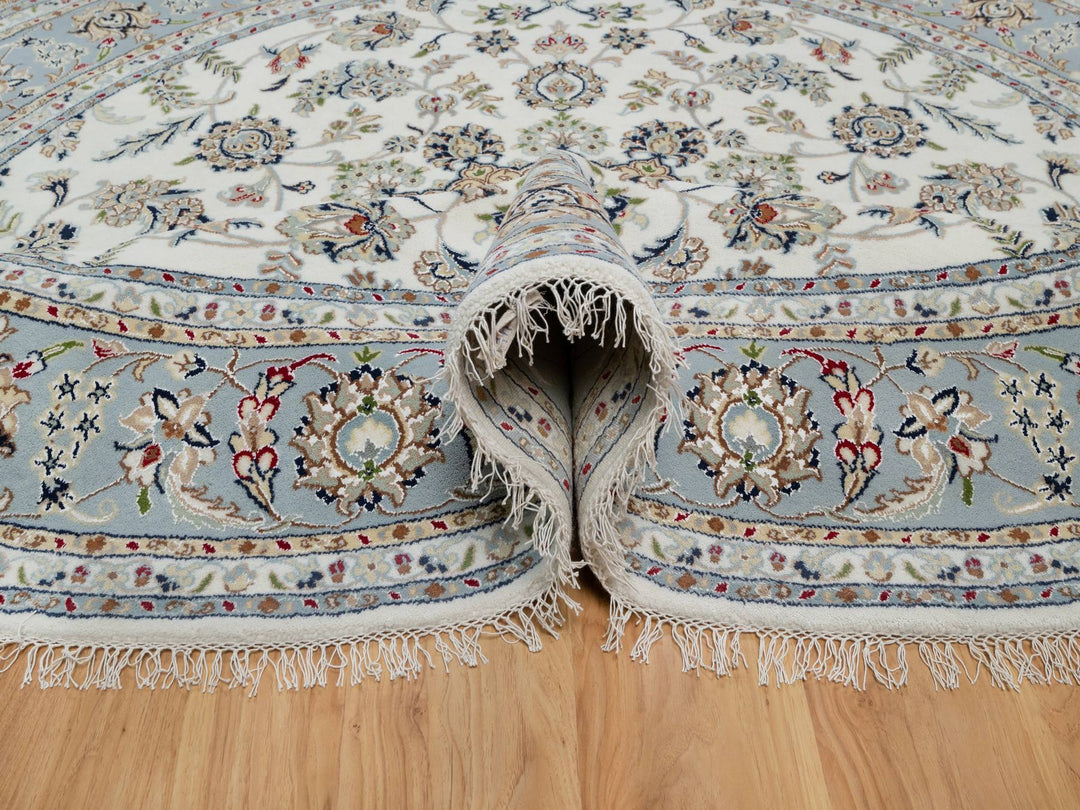 8'1" x 8'1" New Hand Knotted Ivory Wool & Silk Round Oriental Rug - MOA10291036