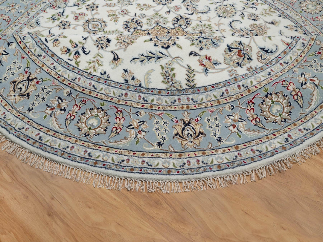 8'1" x 8'1" New Hand Knotted Ivory Wool & Silk Round Oriental Rug - MOA10291036
