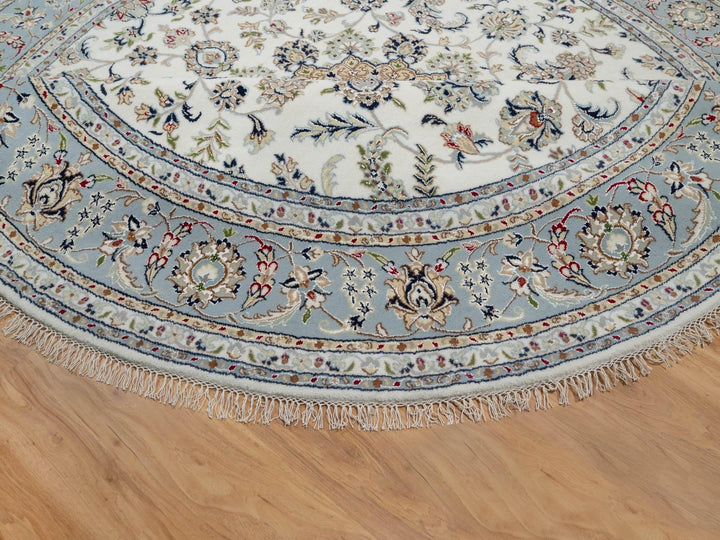 8'1" x 8'1" New Hand Knotted Ivory Wool & Silk Round Oriental Rug - MOA10291036