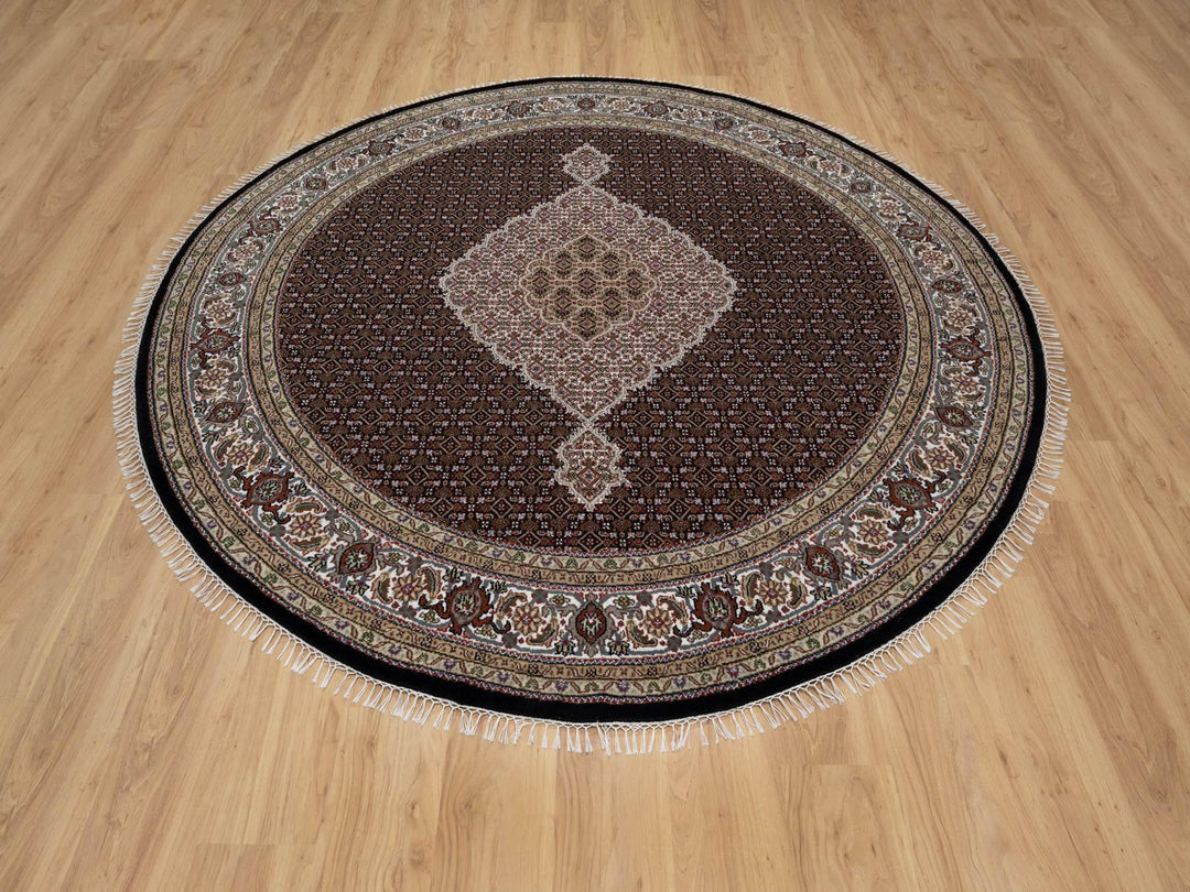 8'0" x 8'0" New Hand Knotted Black Wool Round Oriental Rug - MOA10291041