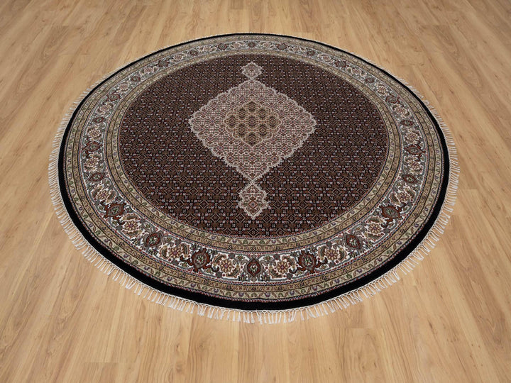 8'0" x 8'0" New Hand Knotted Black Wool Round Oriental Rug - MOA10291041
