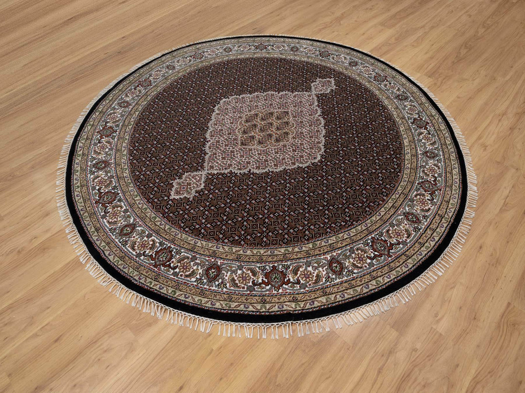8'0" x 8'0" New Hand Knotted Black Wool Round Oriental Rug - MOA10291041