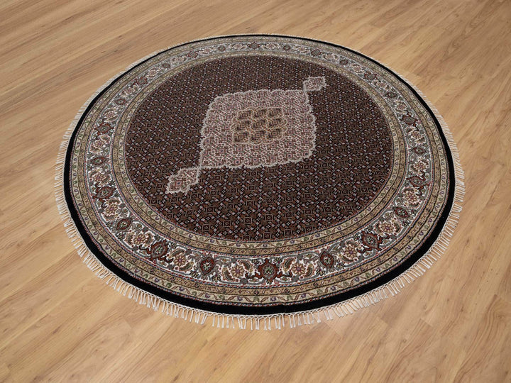 8'0" x 8'0" New Hand Knotted Black Wool Round Oriental Rug - MOA10291041