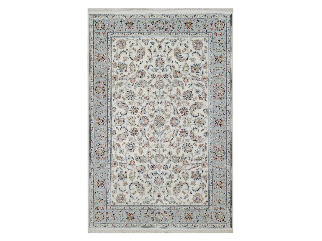 6'0" x 9'0" New Hand Knotted Ivory Wool & Silk Rectangle Oriental Rug - MOA10291049