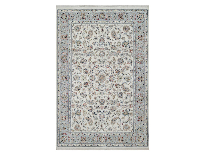 6'0" x 9'0" New Hand Knotted Ivory Wool & Silk Rectangle Oriental Rug - MOA10291049