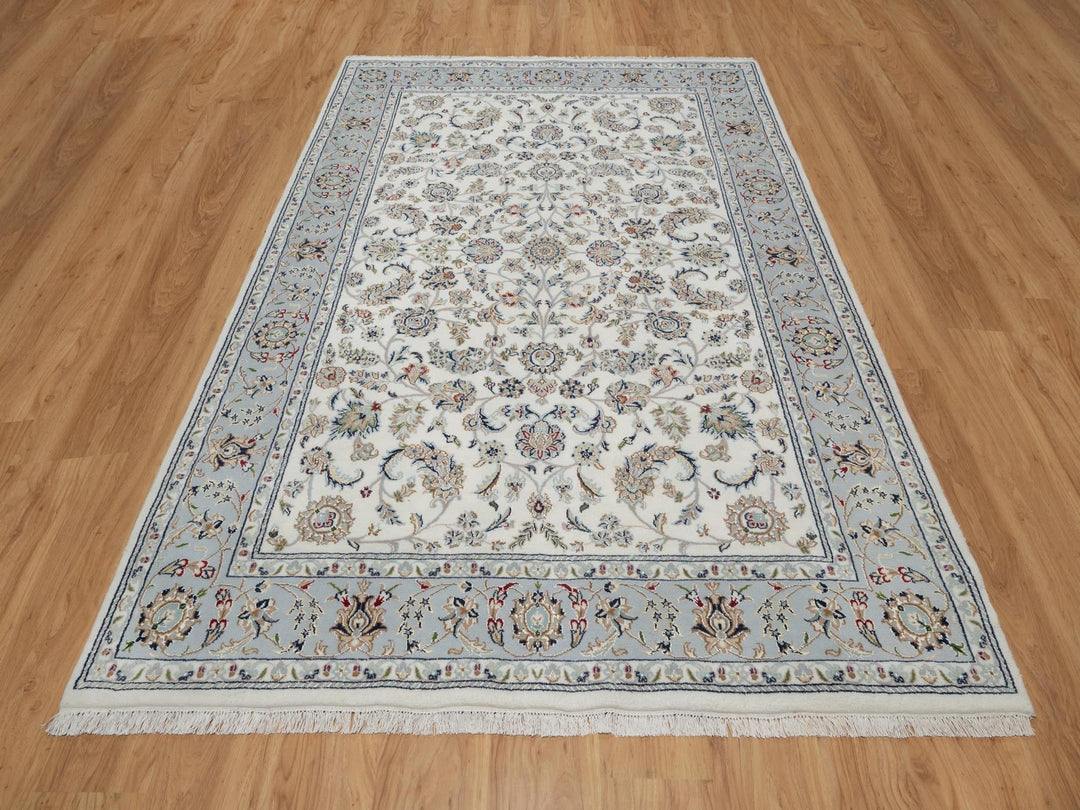 6'0" x 9'0" New Hand Knotted Ivory Wool & Silk Rectangle Oriental Rug - MOA10291049