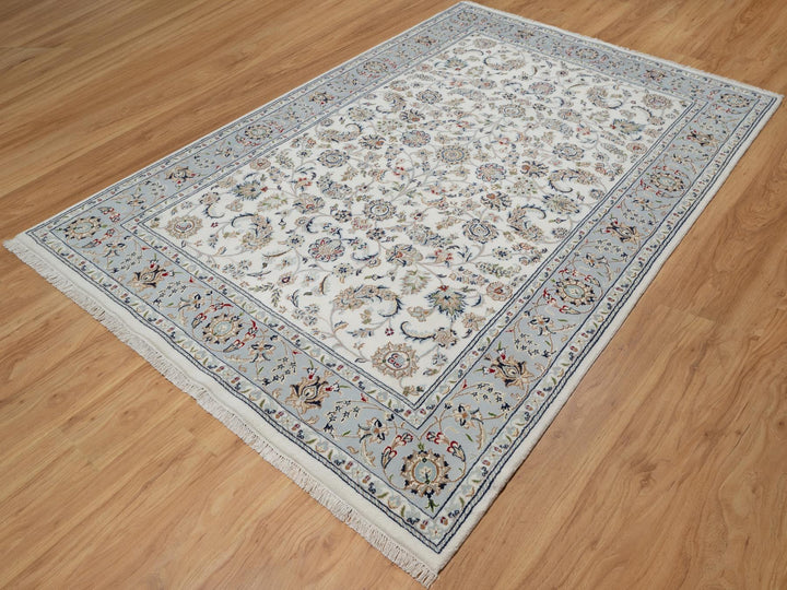 6'0" x 9'0" New Hand Knotted Ivory Wool & Silk Rectangle Oriental Rug - MOA10291049