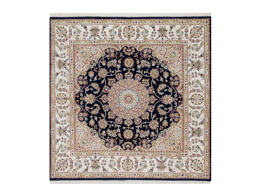 5'0" x 5'0" New Hand Knotted Blue Wool & Silk Square Oriental Rug - MOA10291054