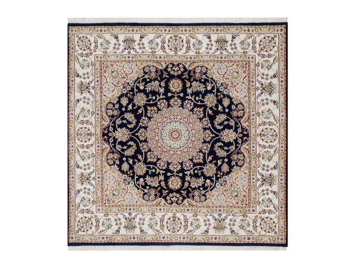 5'0" x 5'0" New Hand Knotted Blue Wool & Silk Square Oriental Rug - MOA10291054
