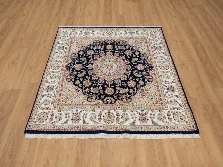 5'0" x 5'0" New Hand Knotted Blue Wool & Silk Square Oriental Rug - MOA10291054