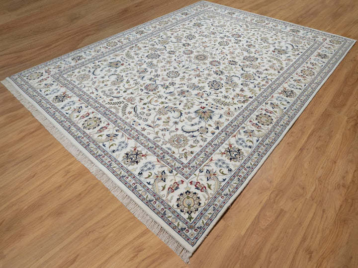 9'0" x 12'1" New Hand Knotted Ivory Wool & Silk Rectangle Oriental Rug - MOA10291055