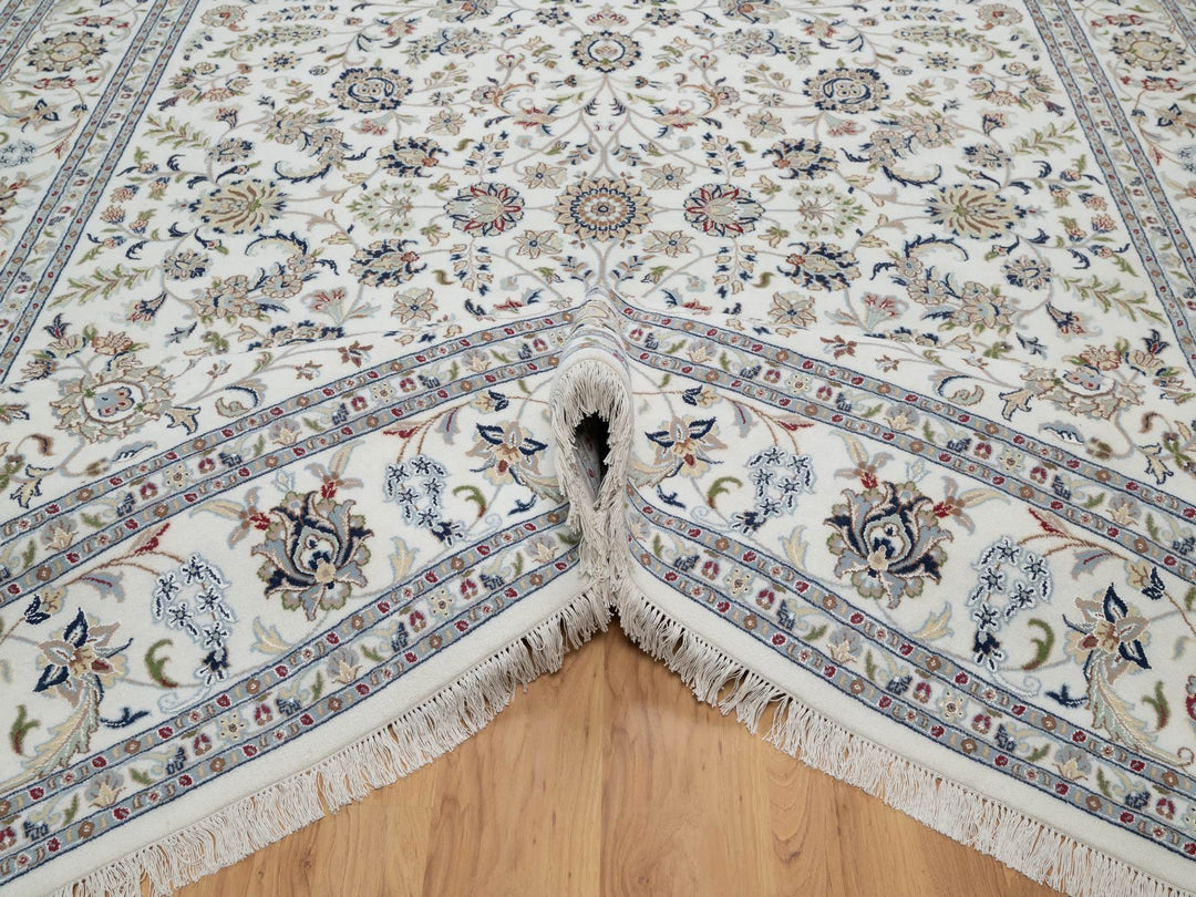 9'0" x 12'1" New Hand Knotted Ivory Wool & Silk Rectangle Oriental Rug - MOA10291055
