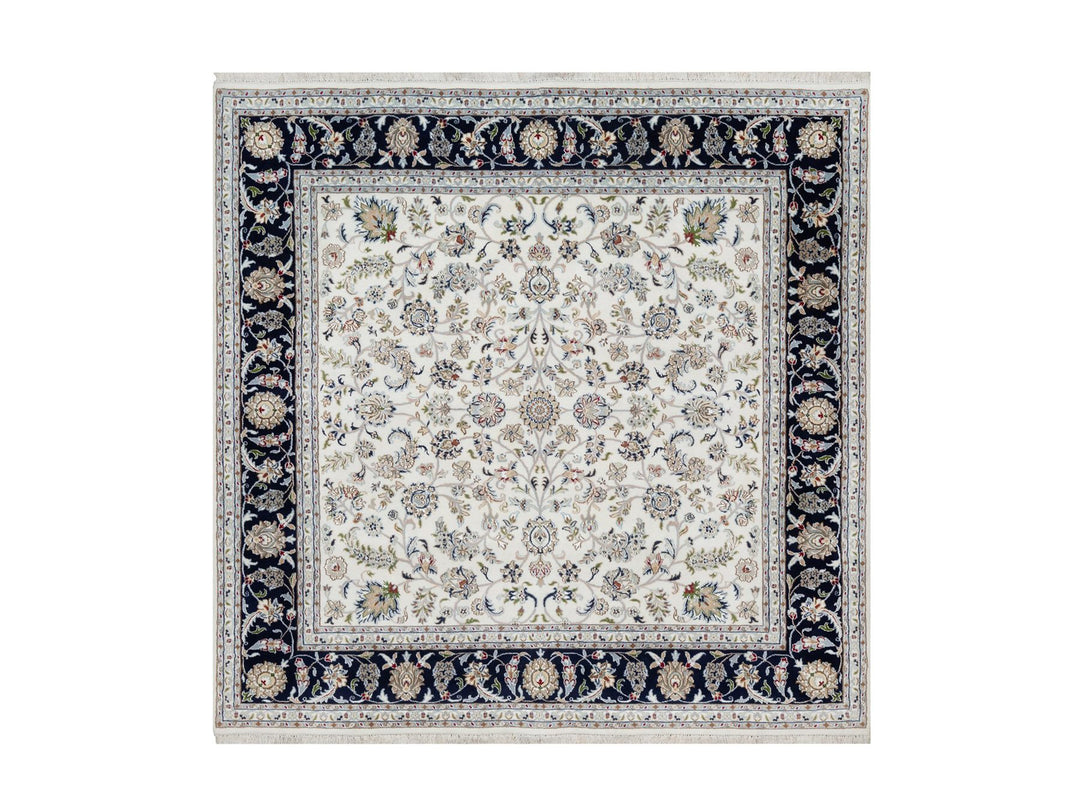 7'8" x 7'9" New Hand Knotted Ivory Wool & Silk Square Oriental Rug - MOA10291058
