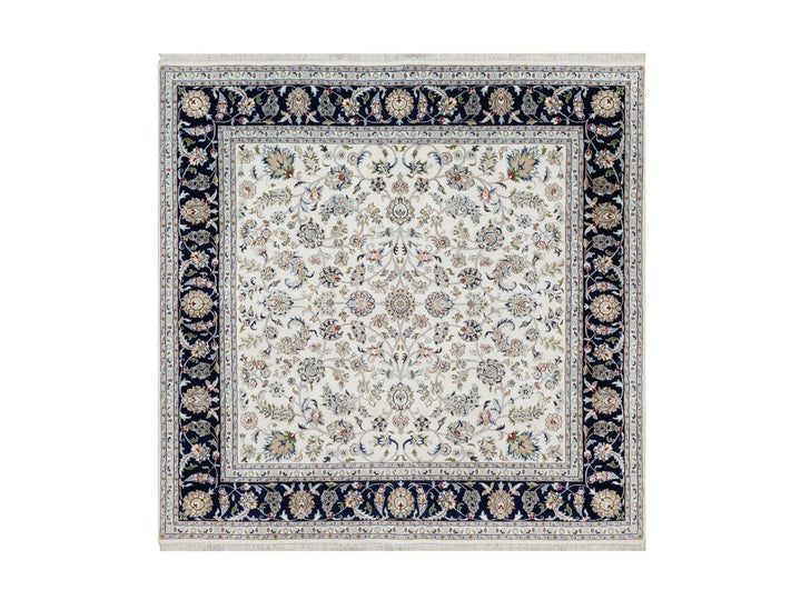 7'8" x 7'9" New Hand Knotted Ivory Wool & Silk Square Oriental Rug - MOA10291058