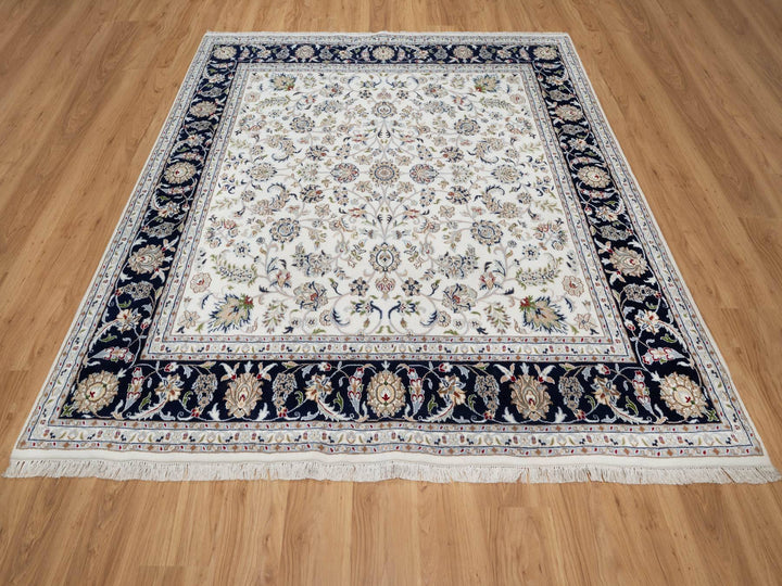 7'8" x 7'9" New Hand Knotted Ivory Wool & Silk Square Oriental Rug - MOA10291058