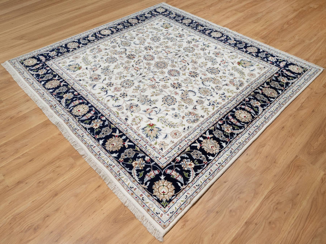 7'8" x 7'9" New Hand Knotted Ivory Wool & Silk Square Oriental Rug - MOA10291058