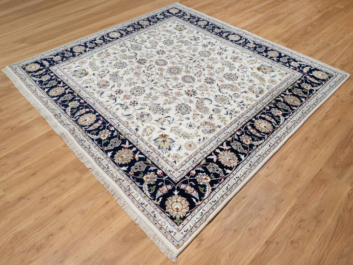 7'8" x 7'9" New Hand Knotted Ivory Wool & Silk Square Oriental Rug - MOA10291058