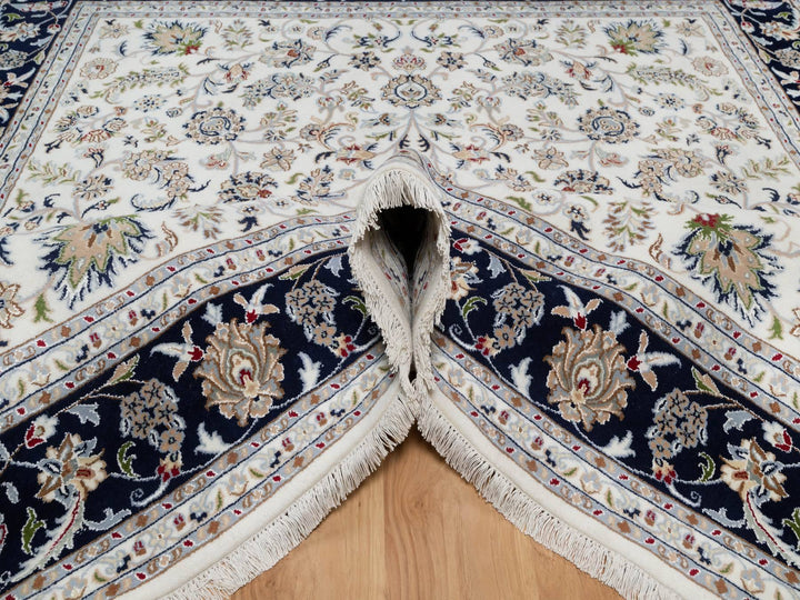 7'8" x 7'9" New Hand Knotted Ivory Wool & Silk Square Oriental Rug - MOA10291058