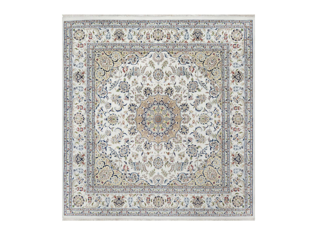 9'10" x 10'2" New Hand Knotted Ivory Wool & Silk Square Oriental Rug - MOA10291059