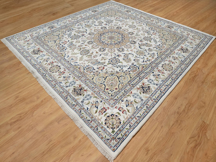 9'10" x 10'2" New Hand Knotted Ivory Wool & Silk Square Oriental Rug - MOA10291059