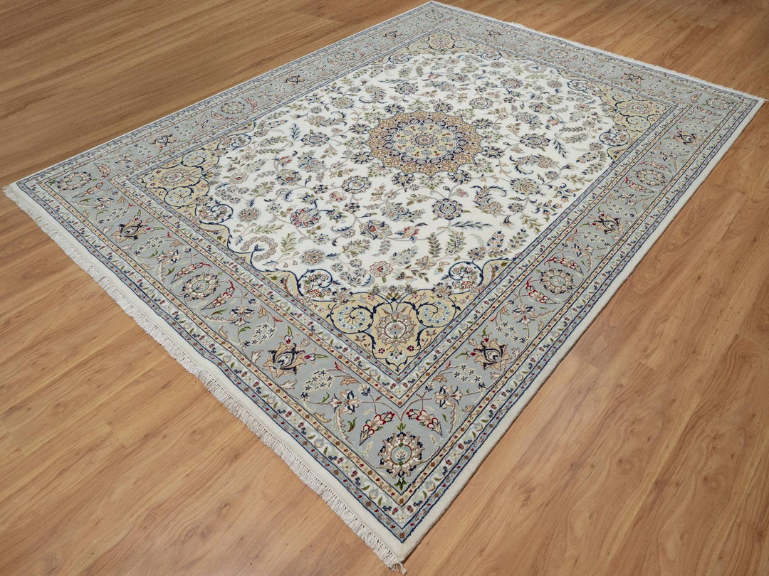 7'8" x 10'2" New Hand Knotted Ivory Wool & Silk Rectangle Oriental Rug - MOA10291074