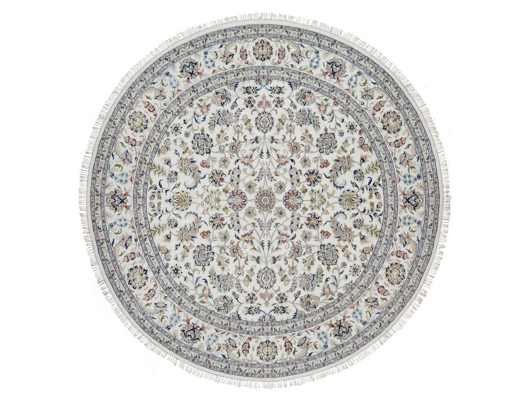9'8" x 9'8" New Hand Knotted Ivory Wool & Silk Round Oriental Rug - MOA10291075