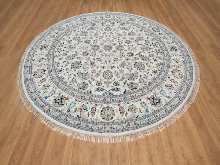 9'8" x 9'8" New Hand Knotted Ivory Wool & Silk Round Oriental Rug - MOA10291075