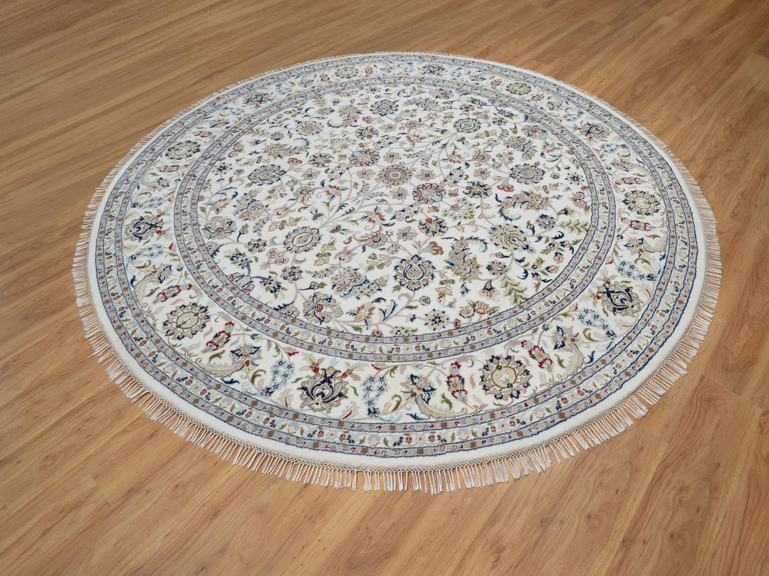 9'8" x 9'8" New Hand Knotted Ivory Wool & Silk Round Oriental Rug - MOA10291075