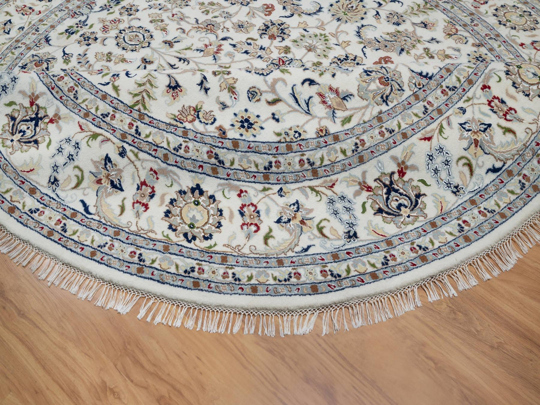 9'8" x 9'8" New Hand Knotted Ivory Wool & Silk Round Oriental Rug - MOA10291075