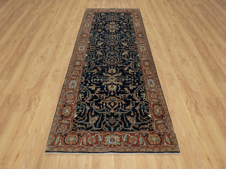 4'2" x 10'2" New Hand Knotted Blue Wool Runner Oriental Rug - MOA10291088