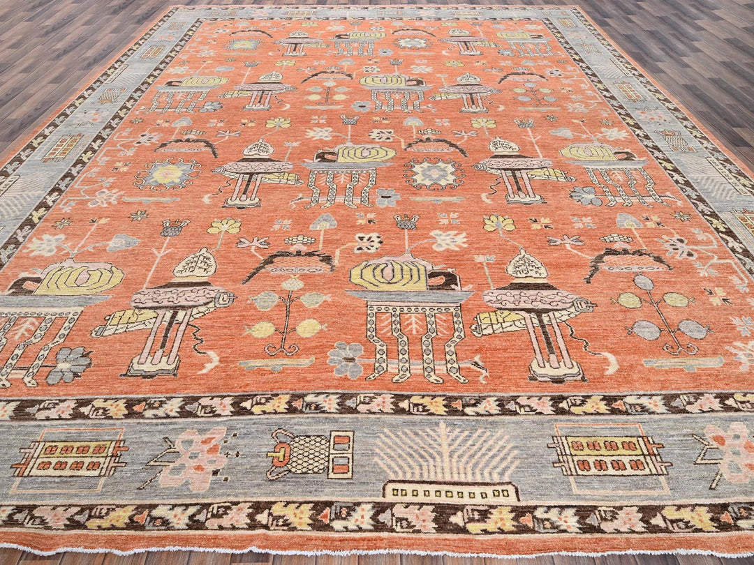 12'1" x 14'6" New Hand Knotted Orange Wool Rectangle Oriental Rug - MOA102910