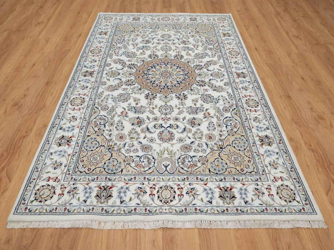 5'10" x 9'2" New Hand Knotted Ivory Wool & Silk Rectangle Oriental Rug - MOA10291125
