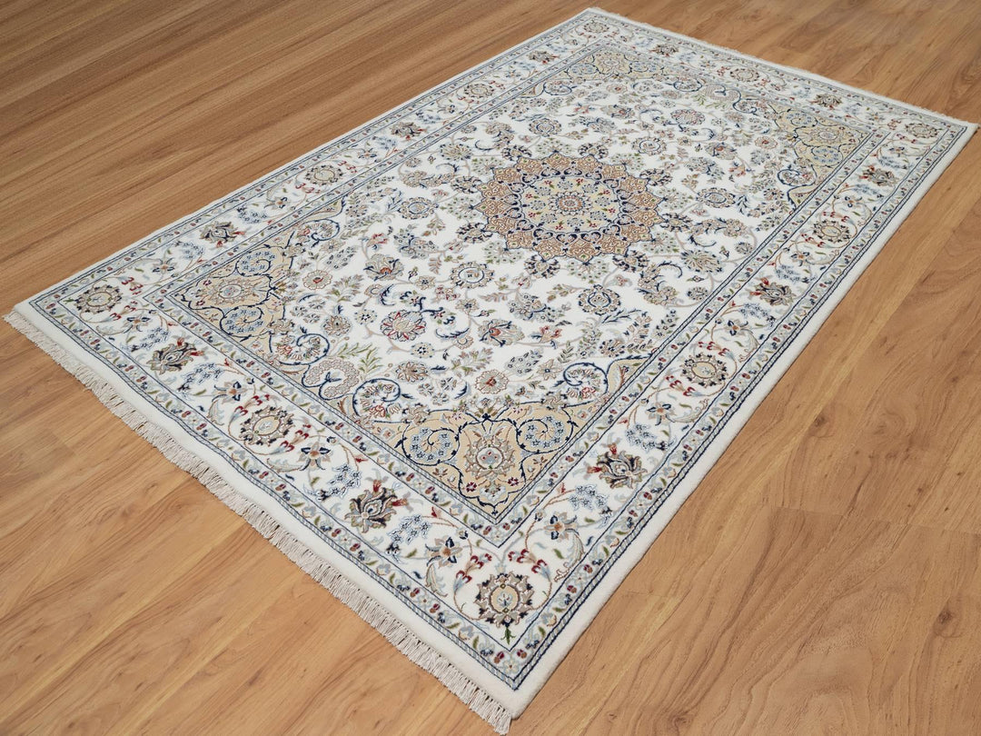 5'10" x 9'2" New Hand Knotted Ivory Wool & Silk Rectangle Oriental Rug - MOA10291125